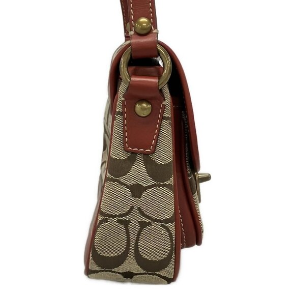 Auth COACH Signature Cricket Shoulder Bag 10566S Khaki Red Jacquard Leather - Picture 4 of 16